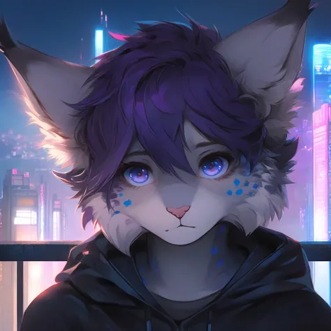 A close-up shot, head_visible, purple_hair, anthropomorphic, feline, blue_spots, purple_spots, lynx_spots, leaning, concrete, ba...