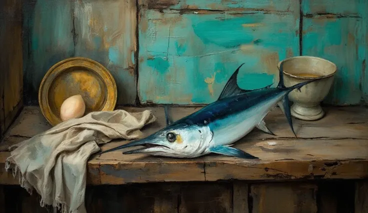 oil painting on old and worn wood panel, still life, composition of a marlin, soft chiaroscuro lighting, mega scans by Wu Quixel...