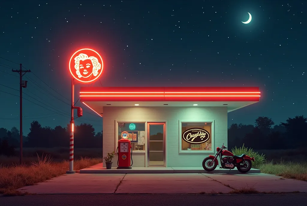 60s, American design, Marilyn Monroe neon sign on the wall, classic rural gas station with only one car, cream pie logo, no one ...