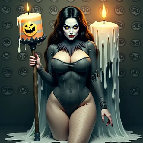Halloween curvy babe with ig breasts, covered in Lots of orange melting candlewax drips all over her, glowing eyes and white fac...
