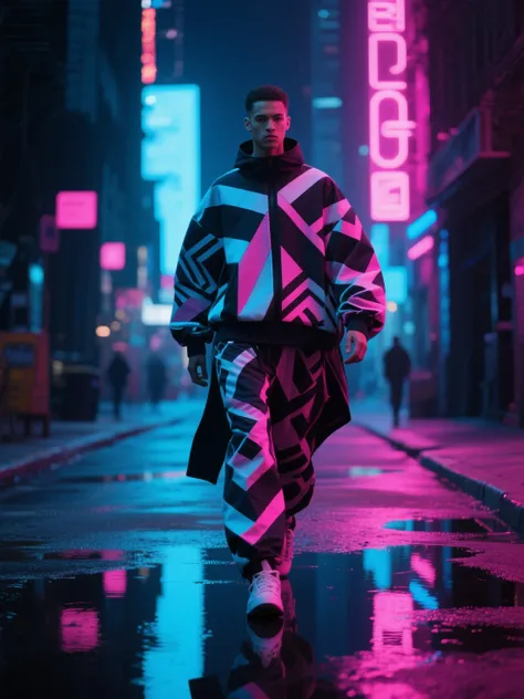 Urban fashion forward, a stylish individual walking confidently down a neon-lit city street, dressed in avant-garde streetwear w...