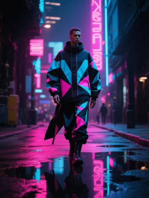 Urban fashion forward, a stylish individual walking confidently down a neon-lit city street, dressed in avant-garde streetwear w...