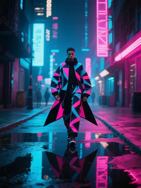 Urban fashion forward, a stylish individual walking confidently down a neon-lit city street, dressed in avant-garde streetwear w...