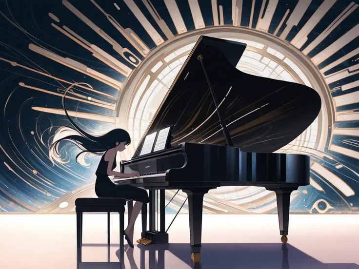 1girl, piano, Bar, abstract,abstract background, dreamy atmosphere, delicate linework, WIND HAIR,masterpiece,Top quality,amazing...