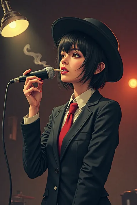 “An anime-style short-haired female vocalist of an ’80s garage band, passionately singing. She wears a tailored best-style suit ...