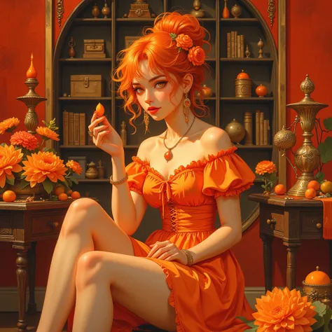 Full body shot. An Artist, (A beautiful girl with bright orange curly hair styled in a beautifully messy bun hair with orange fl...