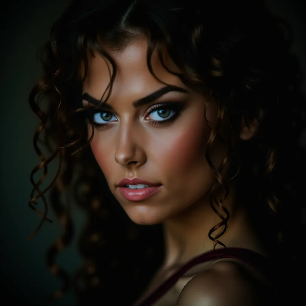 Close-up of a woman posing as a vamp, long light brown hair, green eyes, welliges Haar, rauchiger Eyeliner, (, Only part of her ...