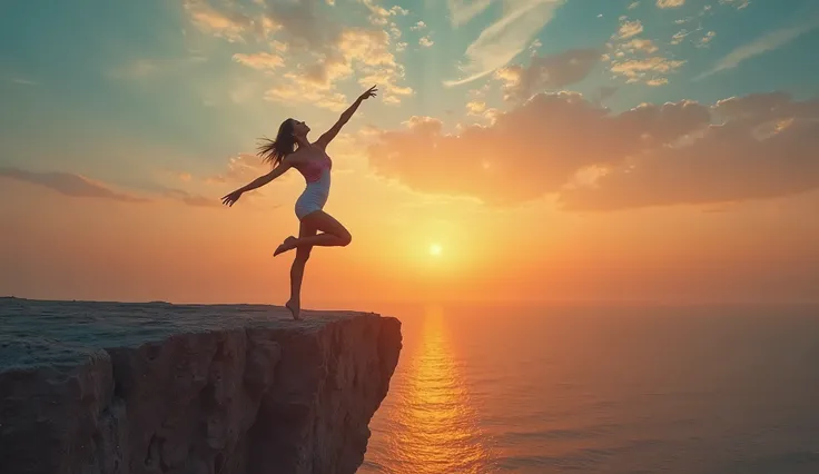 Ultra-high-definition 4K cinematic photograph, taken by an elite professional photographer.
A young woman stands on a cliff by t...