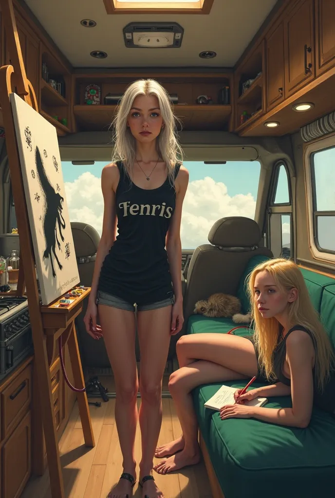 The image is a semi-realistic digital painting depicting two young, beautiful sisters inside a modern yet cozy space — the inter...