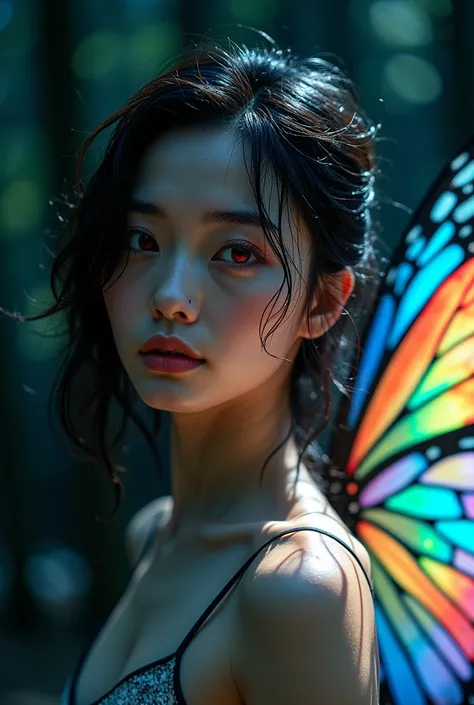 ---

Specify image style、Bigger than the body、with colorful rainbow-colored butterfly wings is standing。The background is a deep...