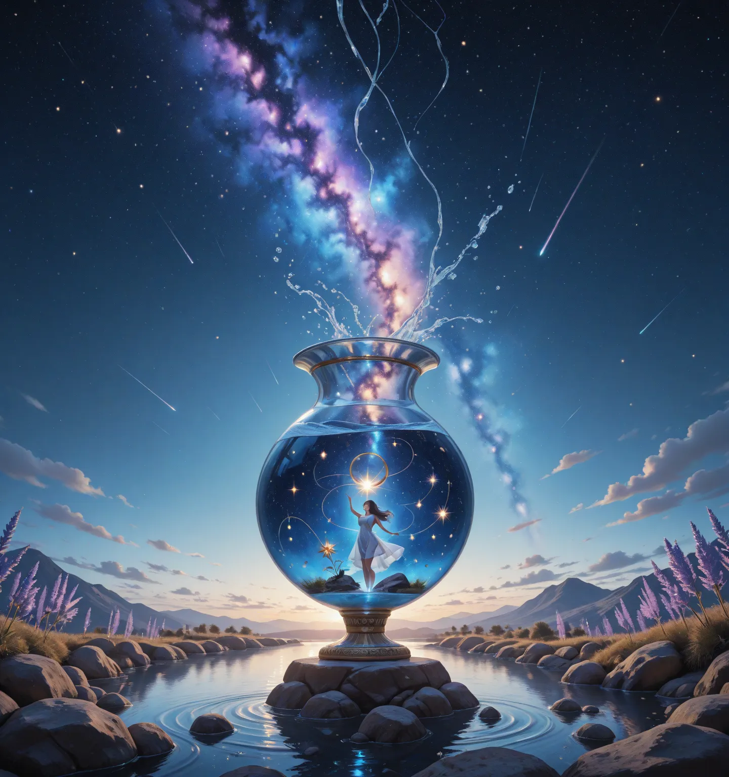 An ethereal and elegant woman representing the zodiac sign Aquarius. It has a mystical and futuristic air.  her hair is long , l...