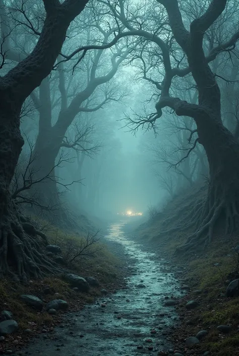 A path through dark trees in a forest that overlooks a paranormal stream 