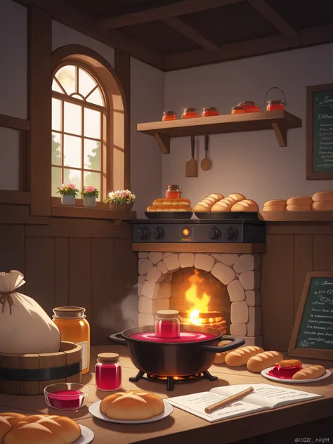 masterpiece, best quality, amazing quality, miniature bakery, cozy night-lit interior, rustic wooden shelves, tiny loaves of bre...