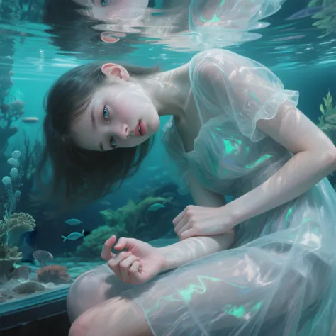 ExtremelyDetailed Beautiful Innocent girl in a masturbation position at Aquarium, Haunting Beautiful Reflective Eyes, Coming  To...