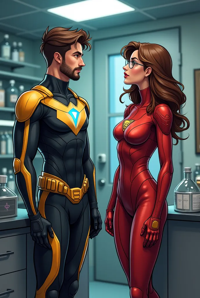 Create a comic-like scene containing the following:
1- a 19-year-old full body ager, Clarito brown hair , add a thin padlock bea...