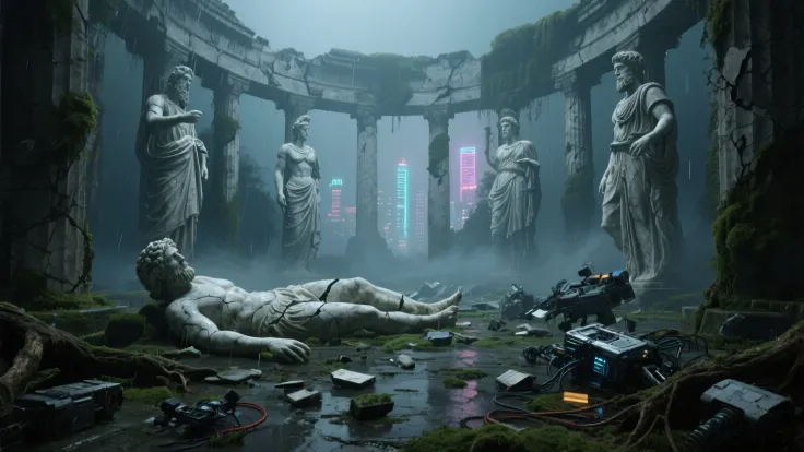 Ultra-realistic ruined Olympian rotunda surrounded by broken statues of ancient Greek gods — Zeus, Athena, Apollo, and others — ...