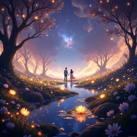 (1boy and 1girl ), In a vast and enchanted landscape, an ethereal spring overflows with an abundance of fantastical, glowing flo...