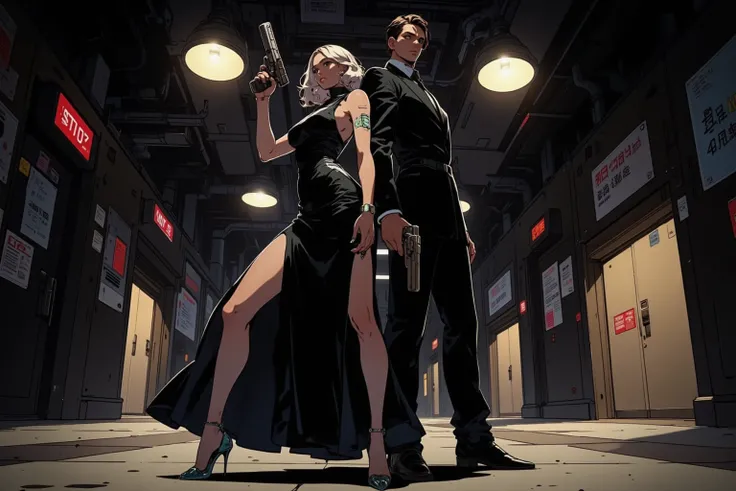(masterpiece, best quality, ultra-detailed, cinematic lighting, anime-style), 
a beautiful female spy in a sleek black evening d...