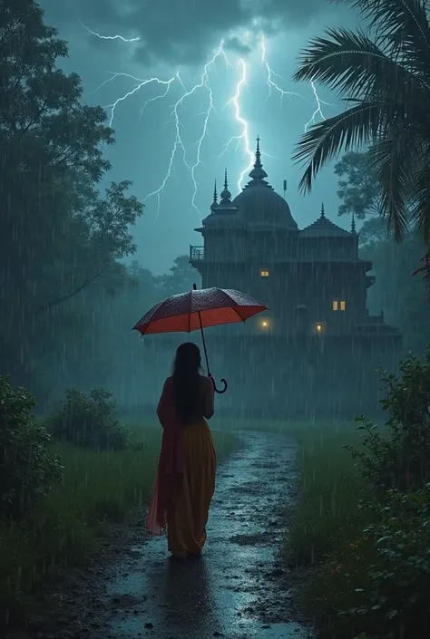 "Rainy evening in a spooky Indian village, lightning in the background, old broken haveli (mansion) at the edge of forest, girl ...