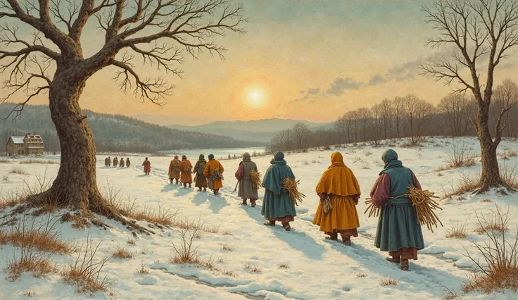 A small band of peasants in saffron and teal cloaks, trudging across a frost-bitten field at dawn toward a twisted, leafless tre...