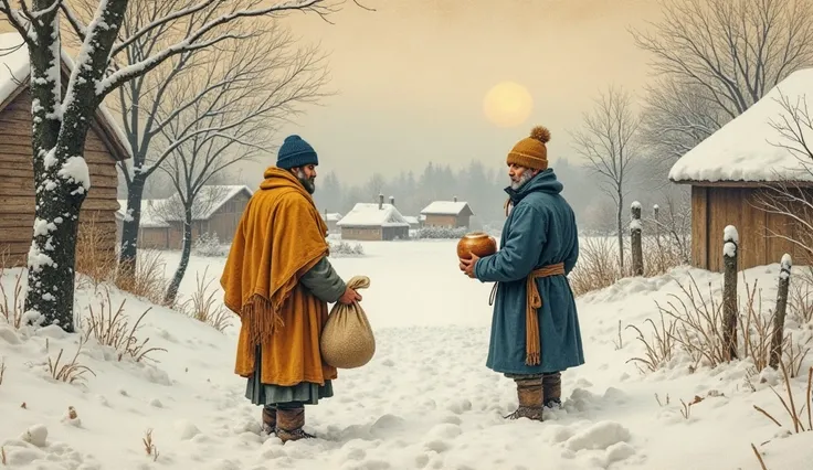 "Winter countryside path at midmorning, two bundled peasants meeting in knee-deep snow to trade onions and salt fish, clad in la...