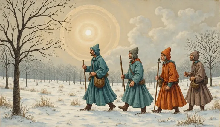 "Peasant trudging through frost-covered winter fields alongside fellow villagers, all clad in muted teal and russet cloaks, brea...