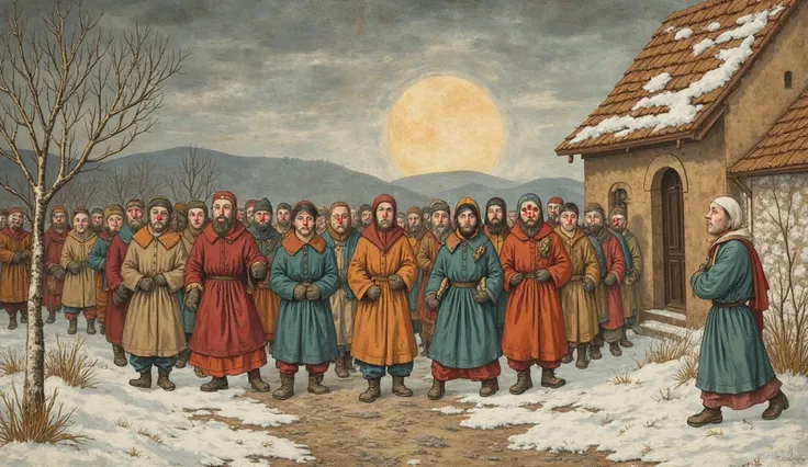 Villagers hastening out of the church door into a colder, bleak winter morning, red-nosed and bundled in layered mantles of russ...