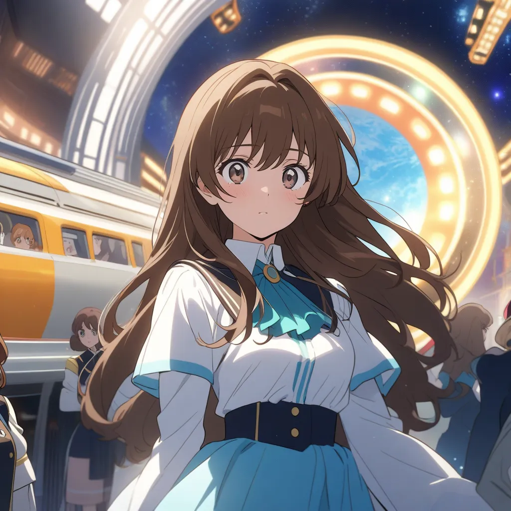 female high school student, long hair,  small face, 　beautiful　brown hair　Japanese　beautiful　cute　Anime　Space Station 　Galaxy Ex...