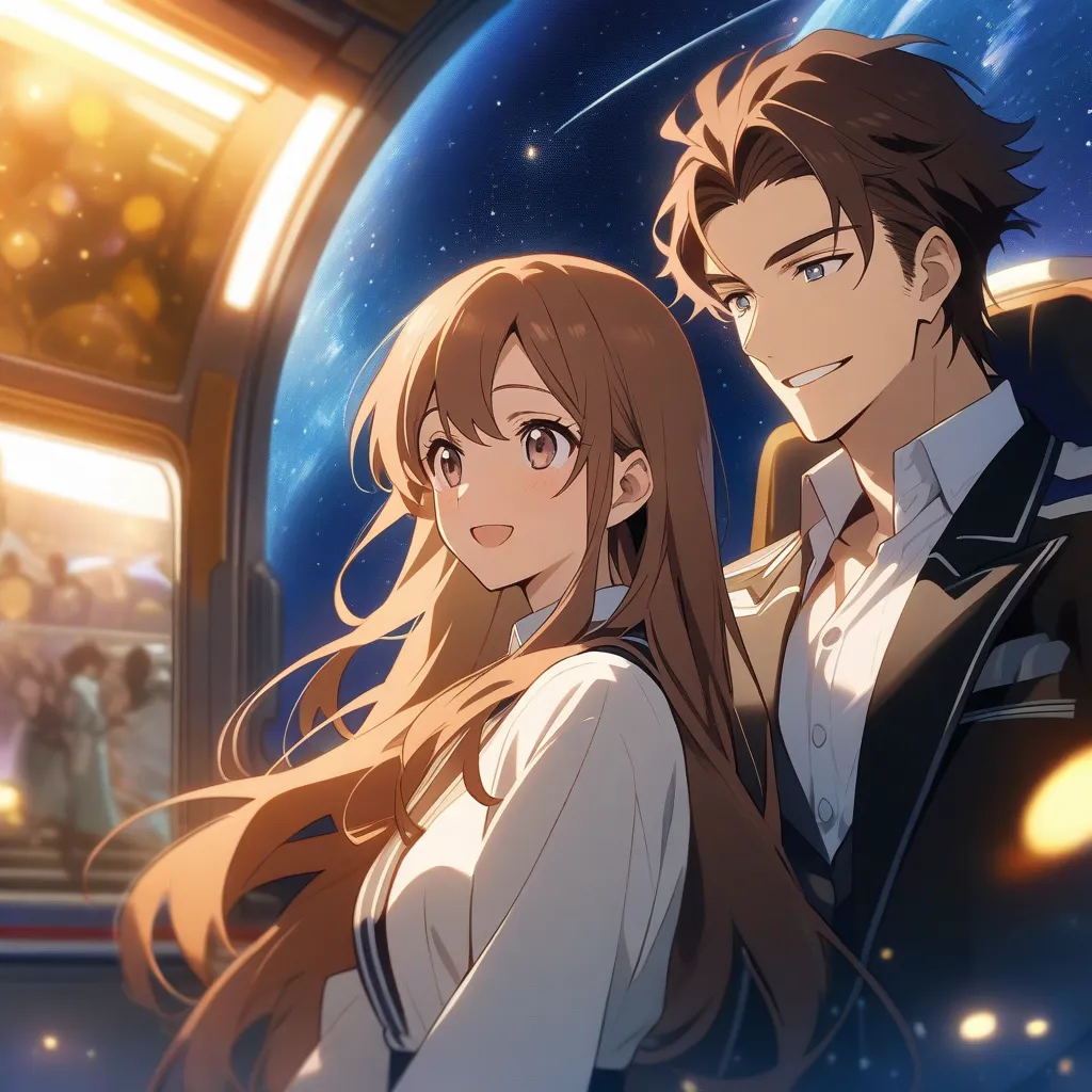 female high school student, long hair,  small face, 　brown hair　Japanese　beautiful　cute　Anime　Space Station 　Galaxy Express 999　...