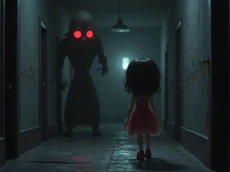 A Disney-style 3D girl walking down a dark hallway, glancing behind nervously. In the shadows, a subtle red-eyed spirit approach...