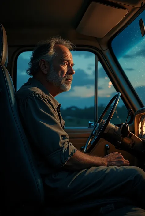 Man sitting in a copilot truck, thinking about his wife