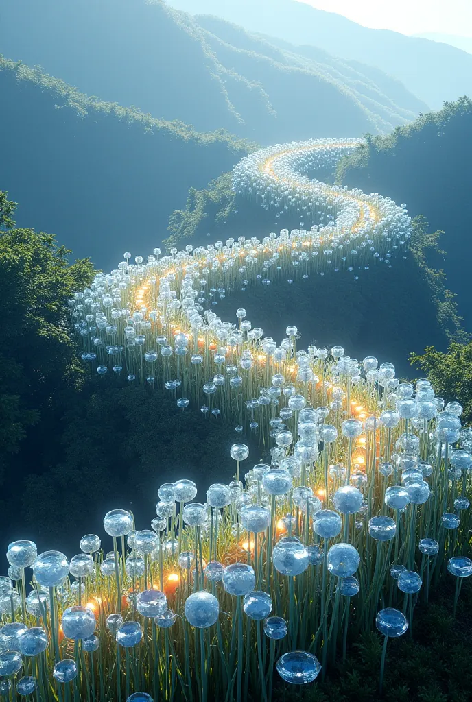 How do you describe a beautiful hillscape decorated with luminous flowers like crystals and crystals that grow abundantly from t...