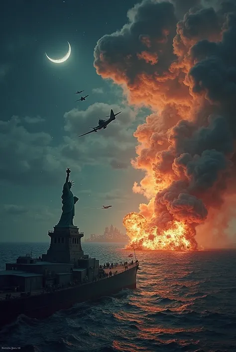 "A symbolic and dramatic scene showing a peaceful night in America, with the Statue of Liberty or a U.S. battleship in darkness,...