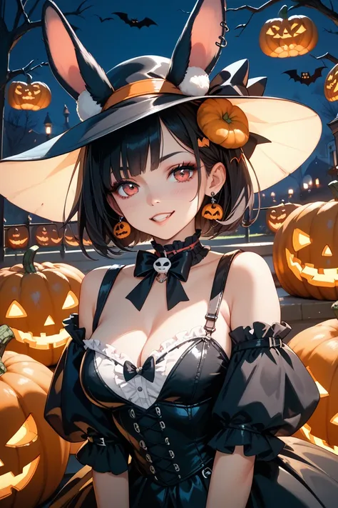 gothic Halloween girl　The background looks like Halloween with pumpkins and bunnies　Tight and unruly