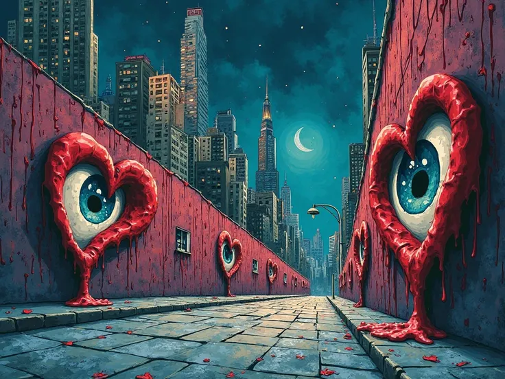 A painterly caricature-style illustration of a surreal city at night, viewed from an angled perspective with a diagonal vanishin...