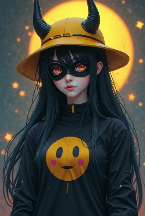 I want Ami female anime character with black hair and a yellow hat, some horns, a black shirt with an emoji and a face with a bl...