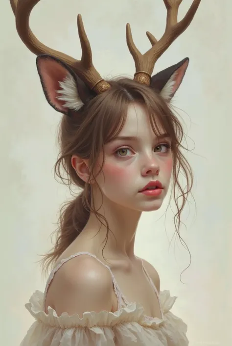 deer-fox, male, portrait , femboy, antlers, blushing, wearing femboy clothes