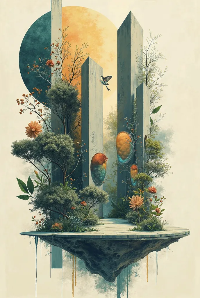 Asymmetric fragmented composition on the theme of the diffuse boundaries between nature and architecture.