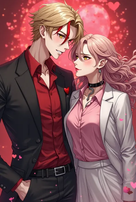 He is the embodiment of lust and he has short curly blonde hair with red streaks in side part hair hair style and he has pale sk...