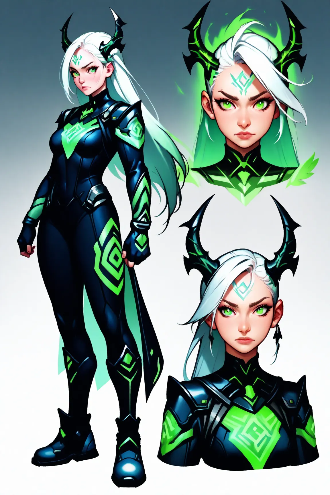 full body portrait of a mystical female controller agent, standing confidently, silver long hair flowing, one eye icy blue and t...