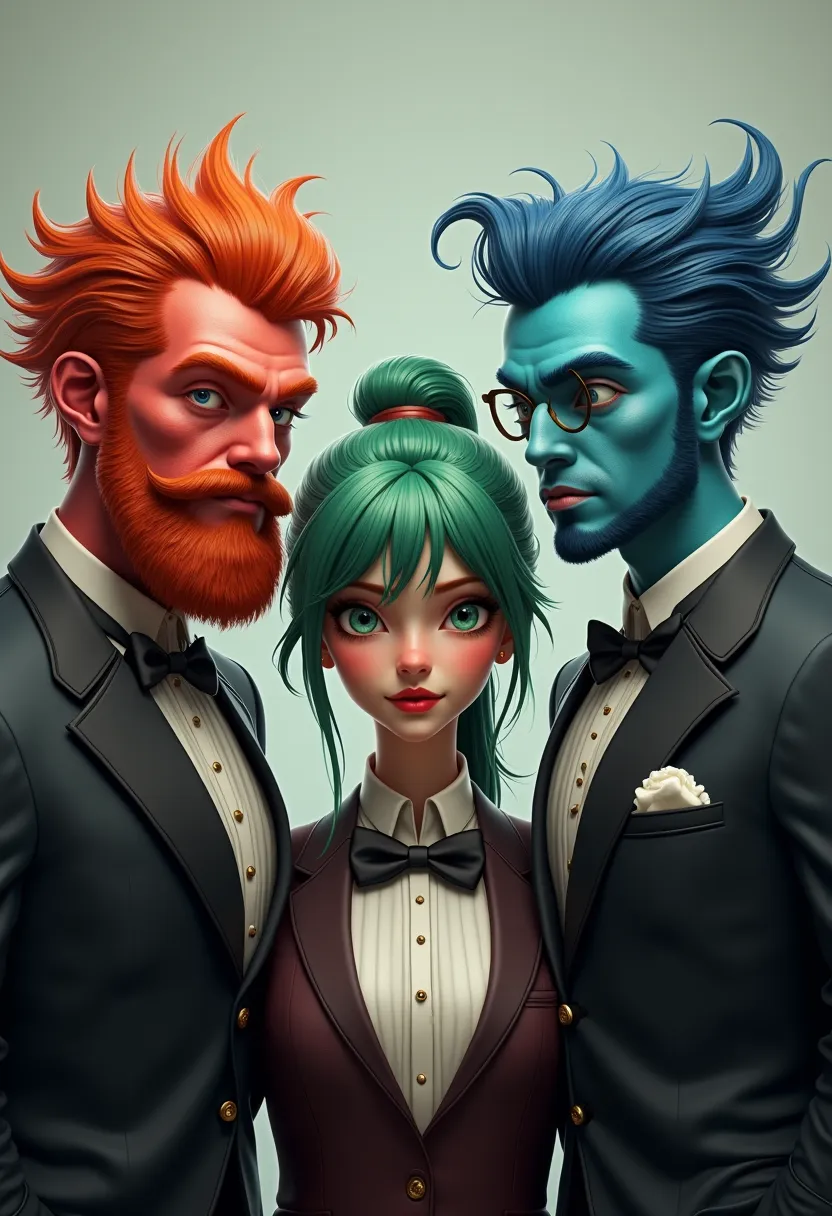 three people, there are two men on the sides and the woman in the middle all three are dressed as butlers the skin and hair of t...