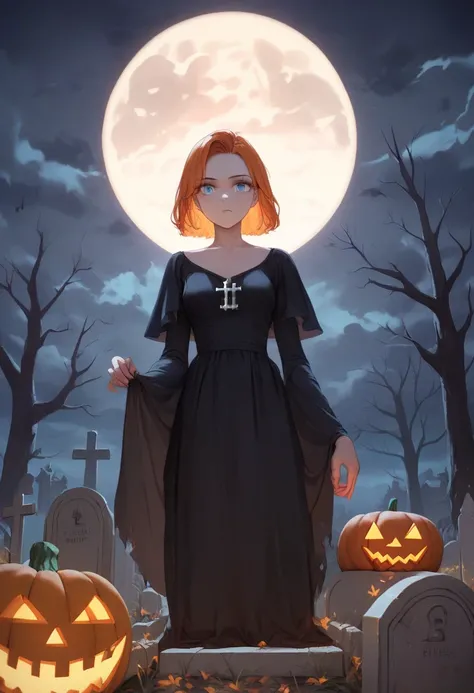 score_9, score_8_up, score_7_up, GLSHS, halloween, tombstone, graveyard, tree, moon, bare tree , 1girl, staring at viewer , blac...
