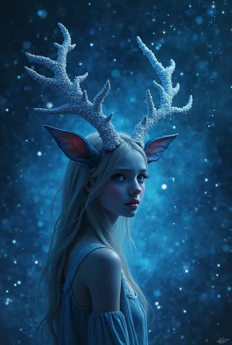 I want to create a book cover with shades of blue from the night sky, Uma "moldura" prata. The book is about a girl with long ea...