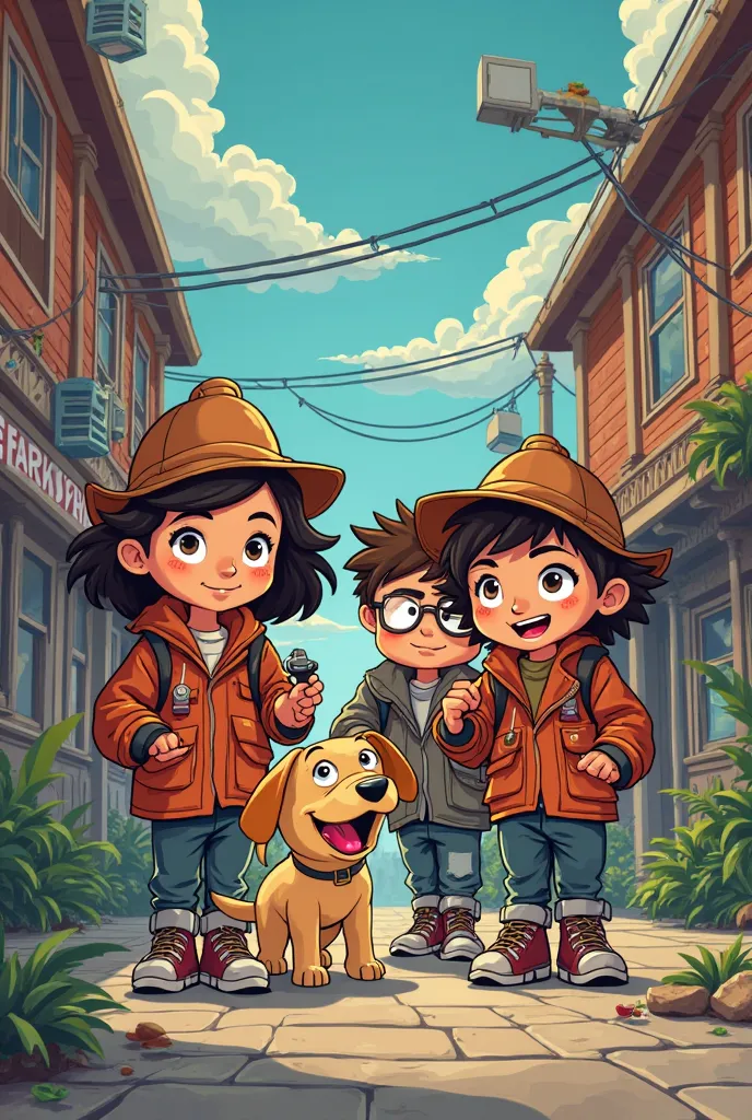 A team of young mystery solvers and their talking dog , cartoon line art , clean outlines, retro vibe