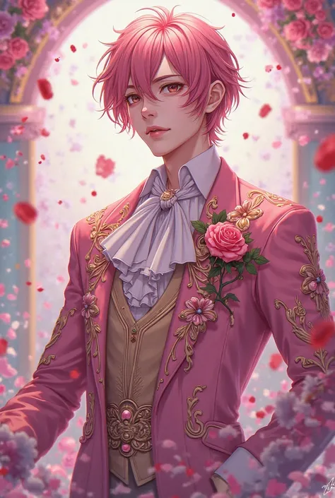 I want you to play the Candy Candy character Terrence Graham Grandchester giving me a full profile rose wearing an elegant costu...