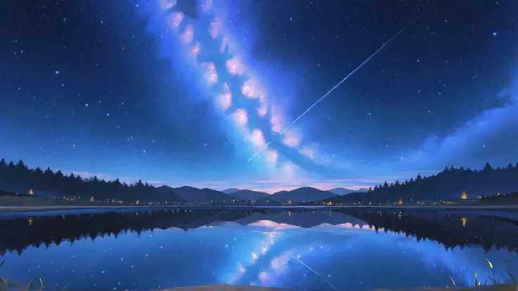  Still Lake Reflecting a Starry Sky
– A motionless lake in a forested valley reflects a brilliant night sky filled with stars an...