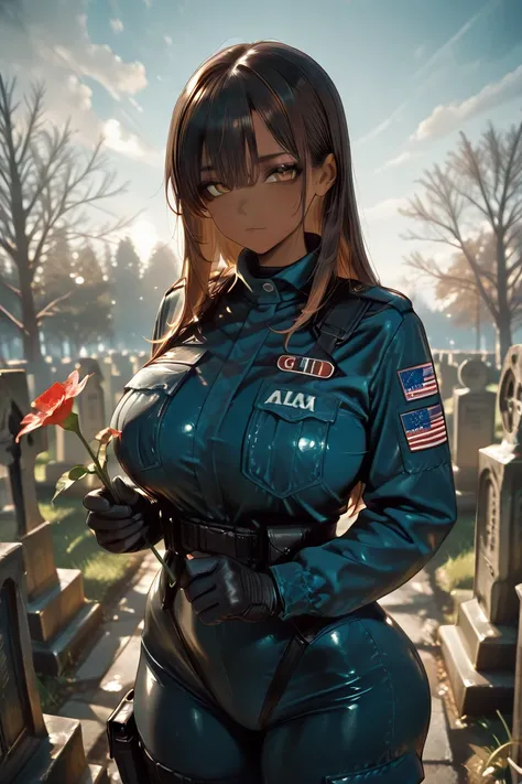 A dark skinned black girl with brown hair and brown eyes. Extremely large breasts, Extremely Thicc Curves, wearing an American s...