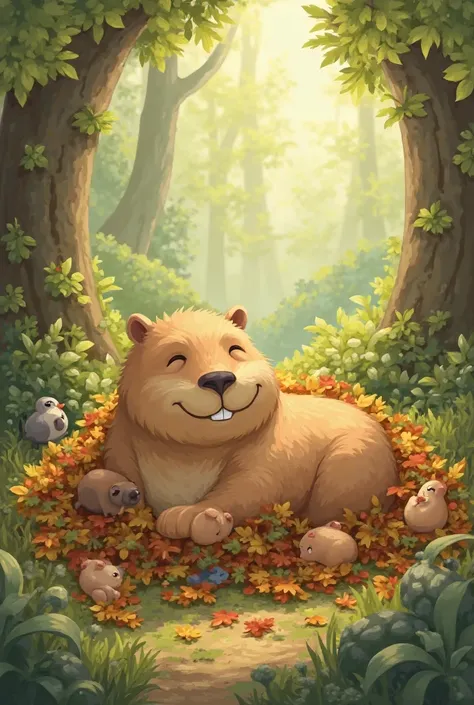 "A sleepy, smiling capybara lying in a leaf pile with happy forest animals around. He looks peaceful and proud. Dreamy forest co...