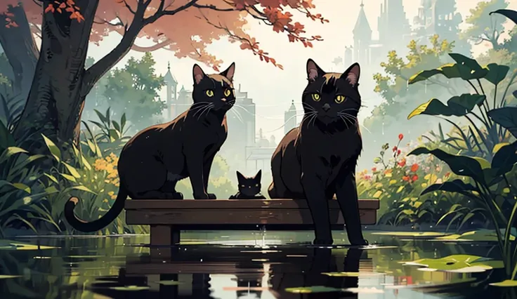 A 2D illustration of a cute black cat with large round eyes, visible tail, two pointy ears, and whiskers, partially submerged in...