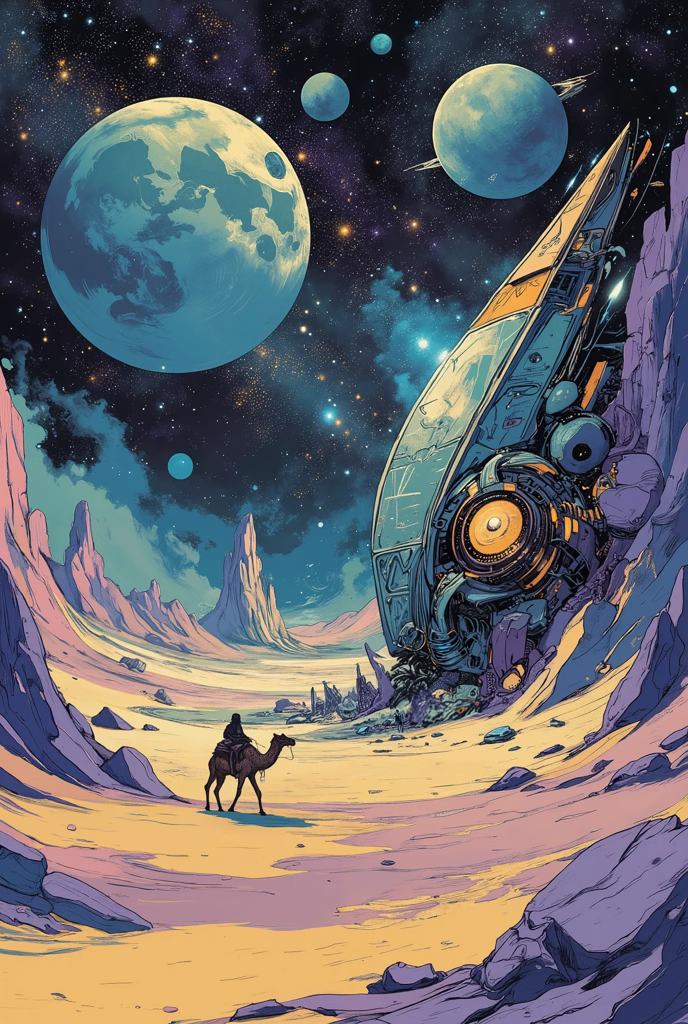 a lone camel walking across an alien desert with surreal-colored sand in shades of violet, teal, and gold, under a massive star-...